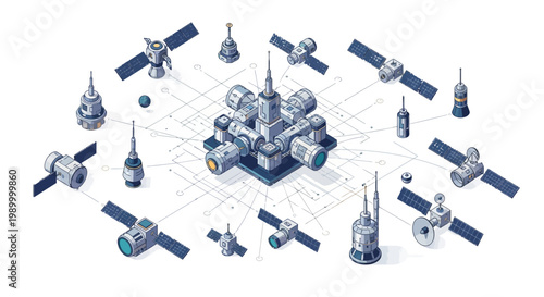 Isometric vector showing a network of aerospace satellites connected to a central system, rendered in 3D with a clean, technical illustration style and a focus on futuristic technology