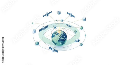 Isometric vector illustration showcases a 3D aerospace system with orbiting satellites around the Earth, rendered in a clean, minimalist style against a bright white background, depicting