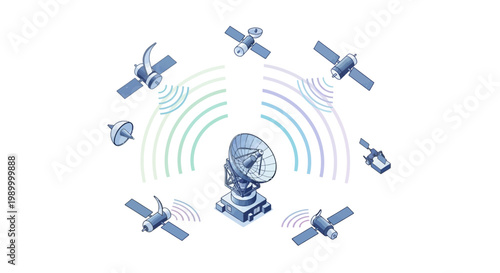 Isometric vector illustration featuring an advanced aerospace system with multiple satellites orbiting a central ground station, conveying a sense of futuristic technology and global