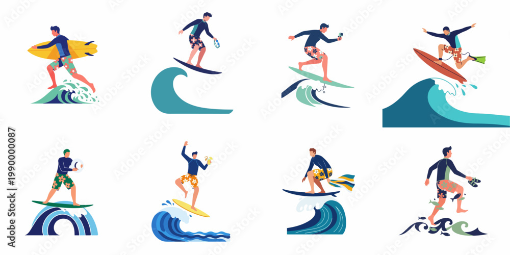 Fototapeta premium Set of Flat Vector Illustrations Featuring Male Surfers in Various Dynamic Poses Riding Stylized Blue Waves on a White Background