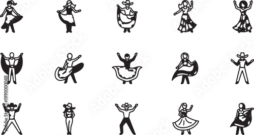 Black and white line of dancing couples in various styles