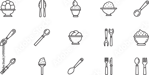Black and white line of desserts and utensils ice cream