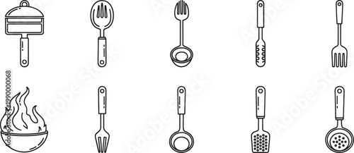 Black and white line of kitchen utensils and appliances