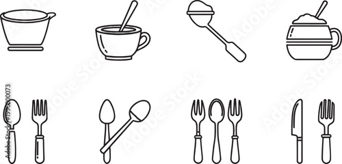 Black and white line of kitchen utensils and tools