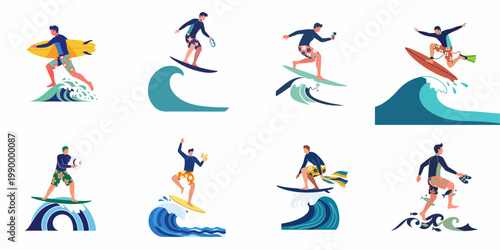 Set of Flat Vector Illustrations Featuring Male Surfers in Various Dynamic Poses Riding Stylized Blue Waves on a White Background