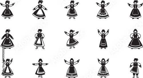 Black and white of dancing women in traditional dress, various poses