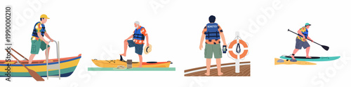 Set of Illustrations Featuring Men Wearing Life Vests and Tropical Shirts Engaging in Water Activities Like Boating, Kayaking, and Paddleboarding