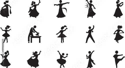 Black silhouettes of dancing people, various poses on white background