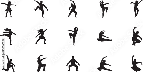 Black silhouettes of people dancing, various poses on white background