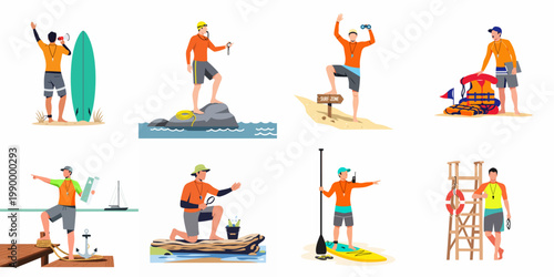 Set of illustrations featuring male lifeguards and beach patrol staff in various roles, ensuring water safety and monitoring coastal activities.