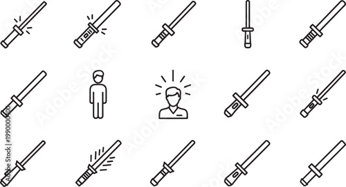 Line of samurai swords and people, black outlines on white background
