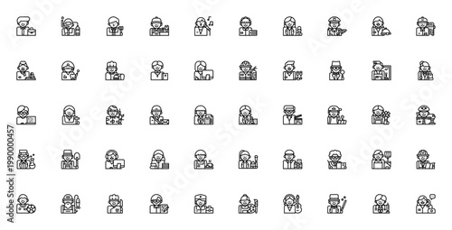 Occupation icon set. Vector job and profession icons collection. Includes manager, judge, singer, doctor, teacher, engineer, chef, artist and more. Editable thin line illustrations.