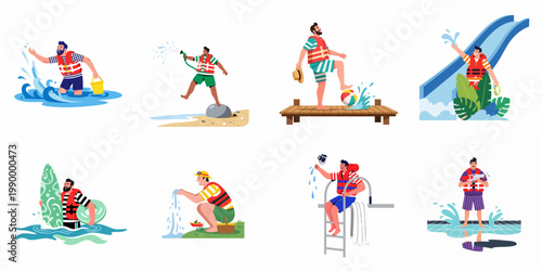 Collection of flat vector illustrations featuring a man enjoying various summer water activities, pool fun, beach recreation, and water safety with a life vest.