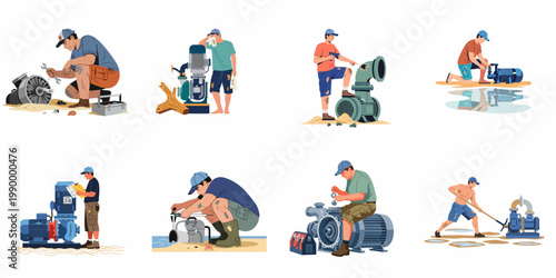 Illustrations of professional technicians and mechanics performing maintenance and repairs on industrial water pumps and electric motors in diverse outdoor settings.