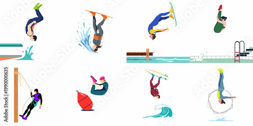 Collection of Illustrative Figures Performing Extreme Water Sports and Acrobatic Activities Such as Diving, Surfing, Wakeboarding, and Rappelling.