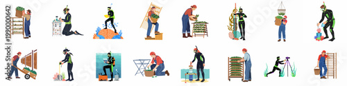Set of flat illustrations featuring professionals engaged in seaweed farming, marine conservation, and underwater scientific research activities in various oceanic settings.