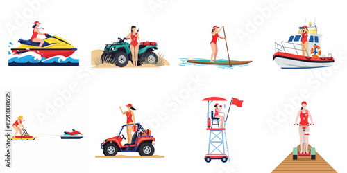 Set of diverse female lifeguard rescue team illustrations using various vehicles including jet ski, boat, ATV, and tower for beach safety.