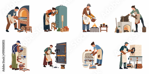Set of diverse potters and artisans firing ceramics in traditional and modern kilns, showcasing the craft of pottery making and manual labor.