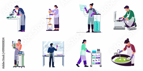 Flat vector illustration set of professional laboratory staff conducting research, chemical analysis, and scientific experiments.