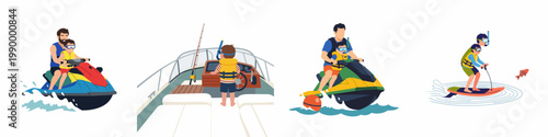 Set of flat illustrations featuring a father and son participating in water sports including jet skiing, boating, and surfing on a white background.