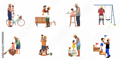 A collection of flat vector illustrations showing a father and daughter engaging in various outdoor and indoor activities together, celebrating fatherhood and family bonding.
