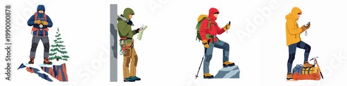 Set of mountain hikers and climbers in winter gear using navigation tools like compasses and maps, depicted in a flat vector illustration style.