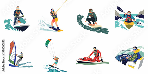 Set of Eight Illustrations Representing Various Extreme Water Sports and Activities Like Surfing, Kayaking, Jet Skiing, and Windsurfing on a White Background