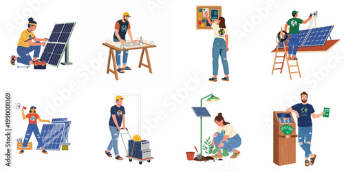 Diverse people working with solar panels, designing renewable energy systems, and promoting environmental sustainability in this flat vector illustration collection.