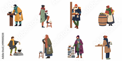 Illustration Set of People in Historical Winter Clothing Enjoying Hot Food and Tea Outdoors