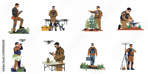 Collection of Flat Vector Illustrations Showing Tactical Personnel Operating Drones, Using Surveillance Equipment, and Planning Missions in Outdoor Environments