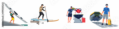 Collection of men engaged in various water sports activities including kayaking, stand-up paddleboarding, jet skiing, and boating, isolated on a white background.