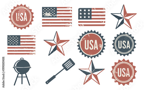 A collection of patriotic symbols and icons, including flags, stars, and emblems. 