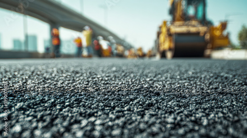 Freshly paved asphalt road surface with construction workers and heavy machinery working under a clear blue sky near an elevated highway structure