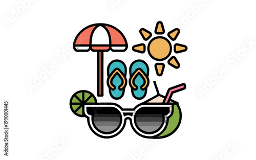 A collection of summer themed items with sunglasses and refreshing coconut drink.