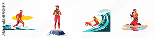 Illustration set of beach lifeguards and professional water rescue personnel performing various emergency response duties in red wetsuits and protective gear.