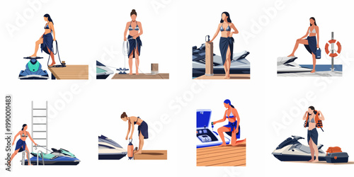 Vector illustration set of a woman in a bikini preparing and docking a jet ski on a wooden pier for water sports recreation.