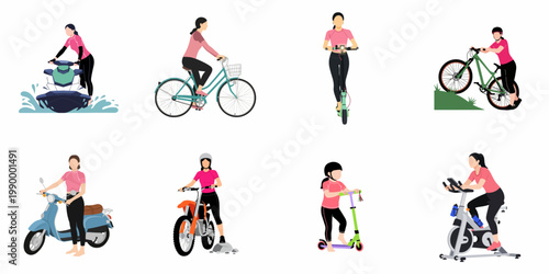 Diverse set of vector illustrations showing women and a girl participating in various transportation, fitness, and recreational activities like cycling, scootering, and motorcycling.
