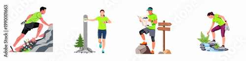 Set of Trail Running and Hiking Illustrations Featuring People in Sportswear Navigating and Training in Nature
