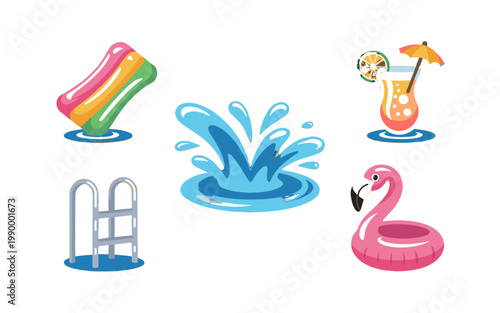Summer fun with colorful pool floats, refreshing drinks, and playful water splashes.