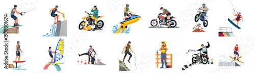 Diverse collection of extreme sports and outdoor adventures including motorsports, water sports, and climbing, in a flat vector illustration style.
