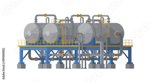 Industrial water treatment plant with multiple tanks and complex piping system.