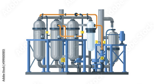 Industrial water treatment plant with multiple filtration tanks and pipes.