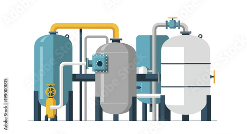 Industrial water treatment plant with tanks and pipes.