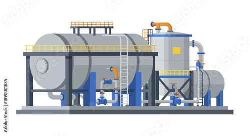 Industrial water treatment plant with tanks and purification system.