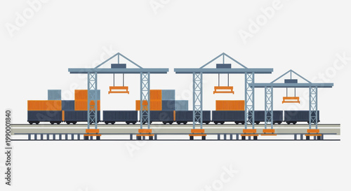 Intermodal freight terminal with gantry cranes loading containers onto trains.