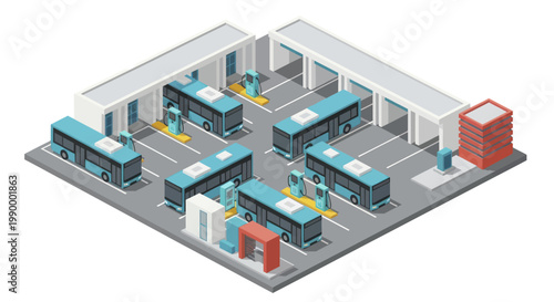 Isometric Bus Depot with Multiple Buses and Charging Stations.
