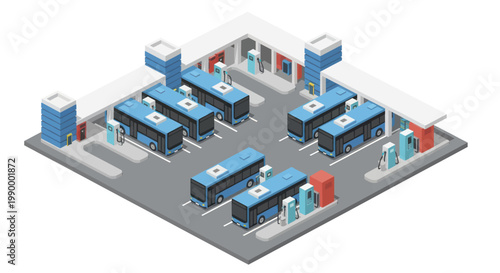 Isometric Bus Station with Multiple Buses and Charging Infrastructure.