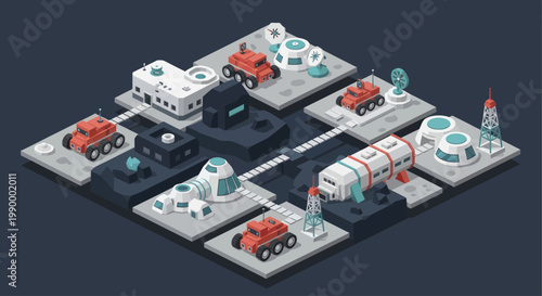Schilderij op canvas Isometric futuristic space colony with rovers and habitats.