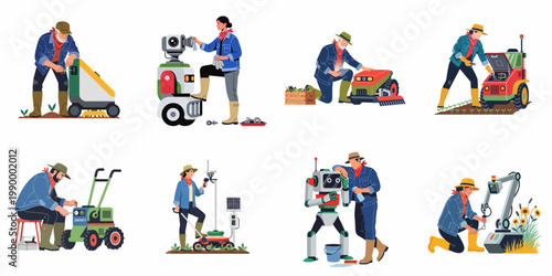 Diverse set of farmers maintaining and operating advanced agricultural robots and autonomous machinery for smart farming, isolated on white background.
