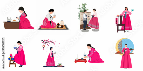 Collection of vector illustrations featuring people in traditional Korean Hanbok performing various cultural activities like tea ceremonies and celebrations.